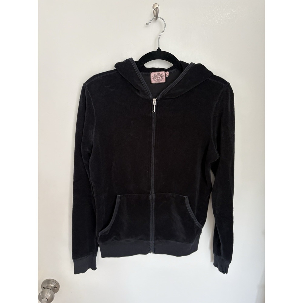 Vintage Juicy Couture Black Velour Zip Up Hoodie Size XL Y2K Comfort